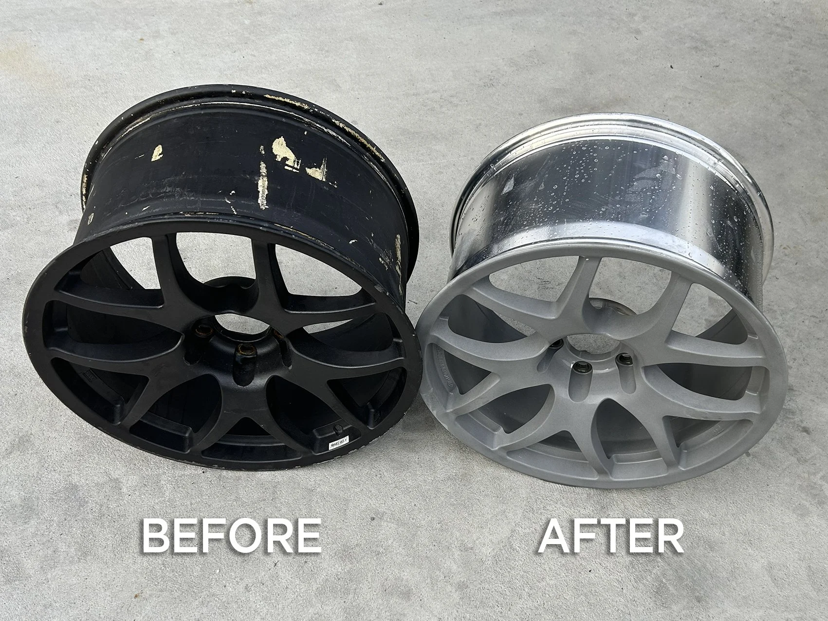 Before and after of paint stripped alloy wheels