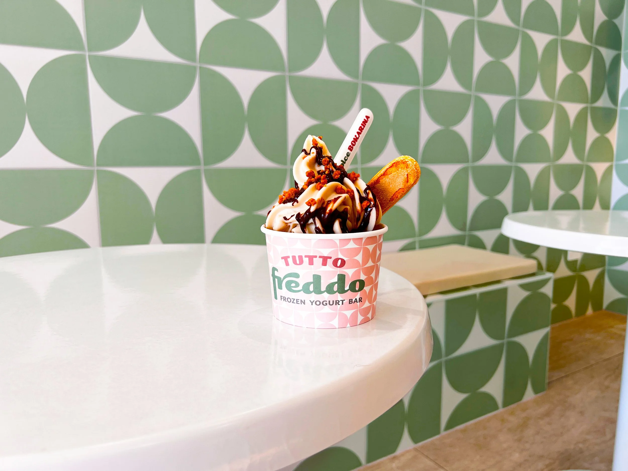 Salted caramel frozen yogurt choc-hazelnut sauce caramel crunch la Dolce Bokarina