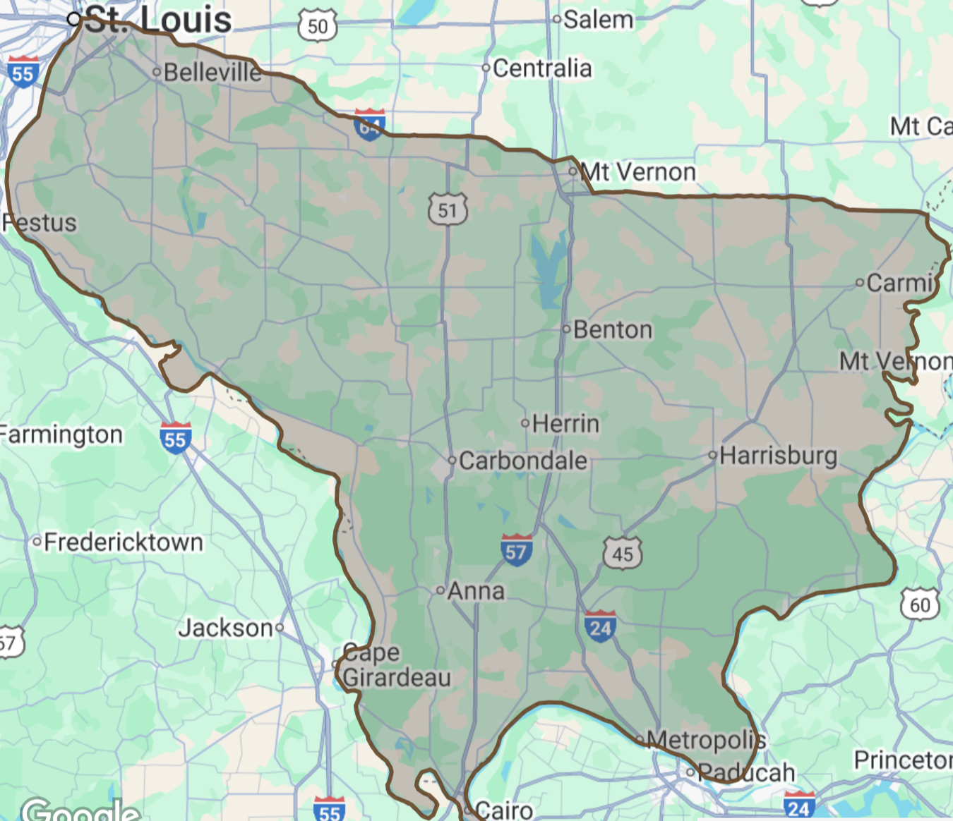 Service area map showing all Southern Illinois communities south of I-64 served by Jesse James Tree & Timber LLC..