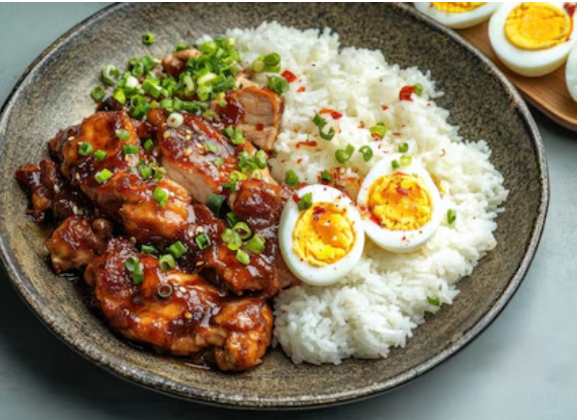 CHICKEN ADOBO WITH RICE AND EGG