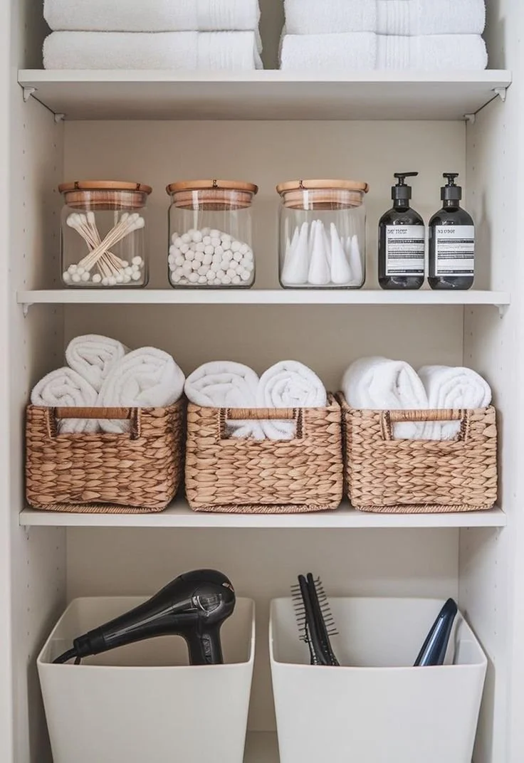 A neatly organized linen closet with towels, cotton swabs, cotton balls, and toiletries in glass jars and baskets.