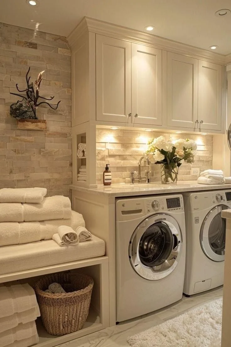 Cozy laundry room with stacked front-loading washer and dryer, white cabinetry, a small sink with a faucet, and a shelving area with towels and a basket of laundry. Decorative flowers on the counter and wall art add a homey touch.