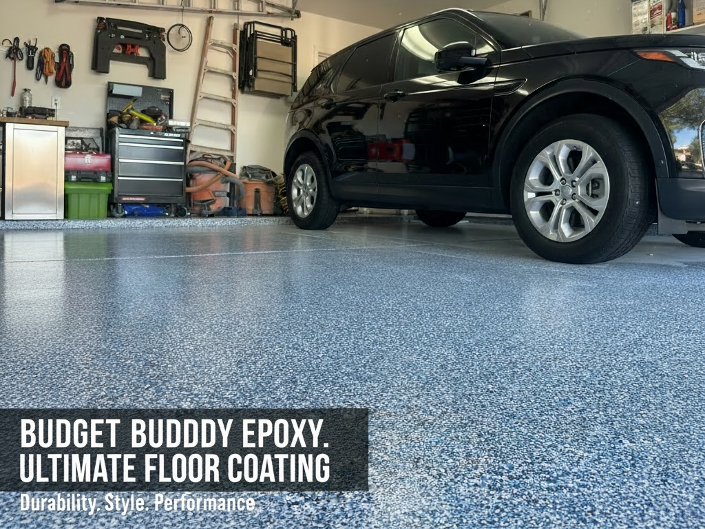 Clean garage with a black car parked inside, garage tools and storage on the back wall, and a speckled epoxy floor coating.