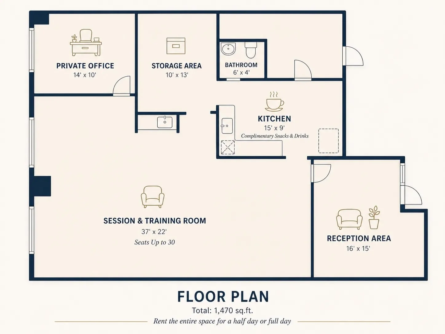 Floor plan of an office space with labeled areas: private office, storage area, bathroom, kitchen, reception area, and session and training room, including dimensions.