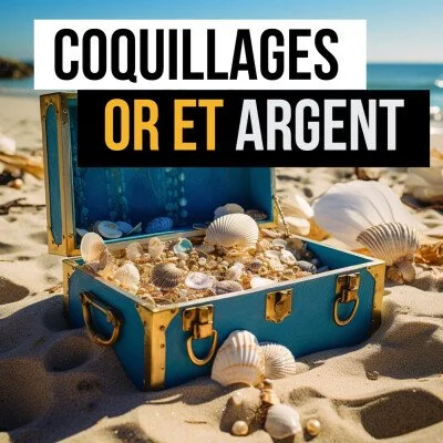 Open blue suitcase filled with seashells on a sandy beach with the ocean in the background and a sign reading "Coquillages or Et Argent" in French.