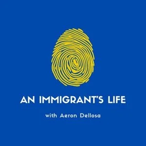 A yellow fingerprint on a blue background with the text 'An Immigrant's Life with Aeron Dellosa' below.