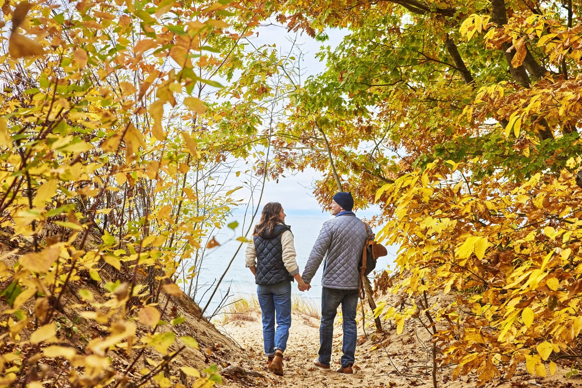 Hiking view at Saugatuck Dunes State Park in autumn