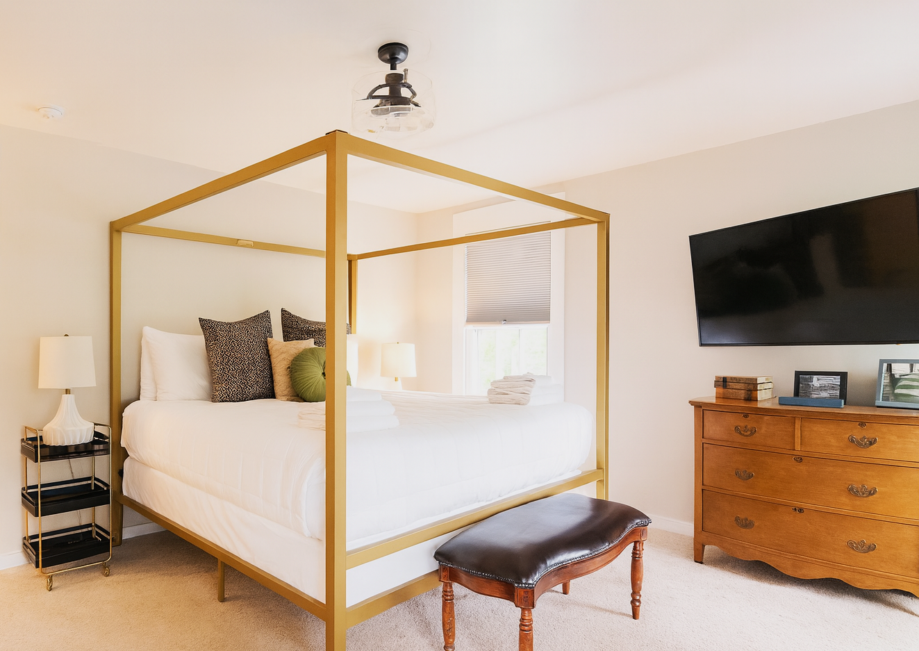 Room 8 - King Bed - 2nd Floor - Custom Corner Fireplace - Patio Door Opens to Private Balcony