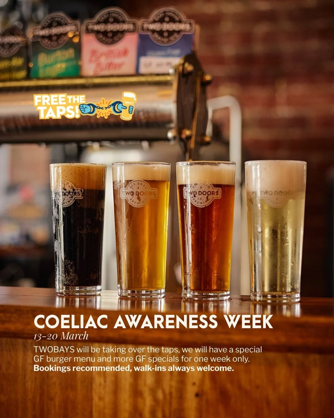 It&rsquo;s Coeliac Awareness Week and we&rsquo;re celebrating our gluten-free community! TWOBAYS is taking over our taps, plus we&rsquo;re pouring some special GF brews of our own. Pair your pint with our brand new GF burger menu.

Bookings recommend