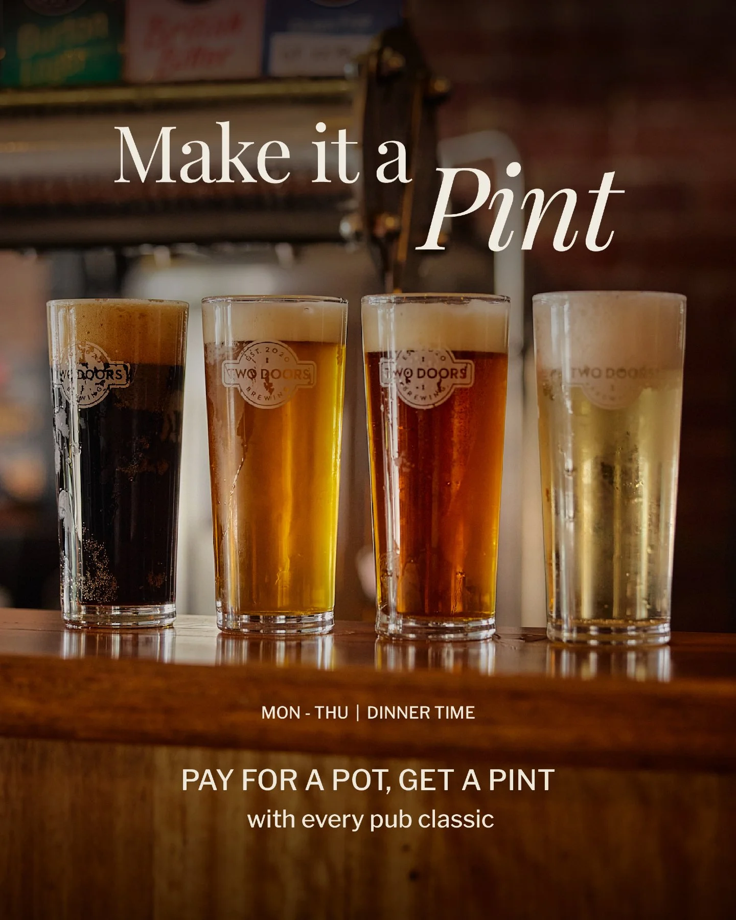 Monday to Thursday, dinner comes with a perk.

Order the pub classics like the chicken schnitzel, fish and chips, or our burger of the week, and you&rsquo;ll get a pint for the price of a pot.

Come in for dinner and make it an easy one.