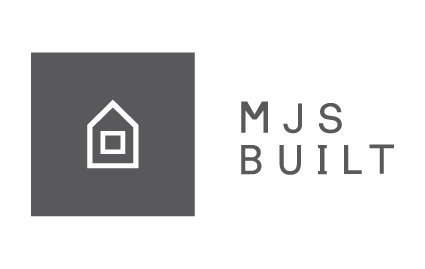 Logo with a house icon inside a gray square and the text 'MJS BUILT' beside it.