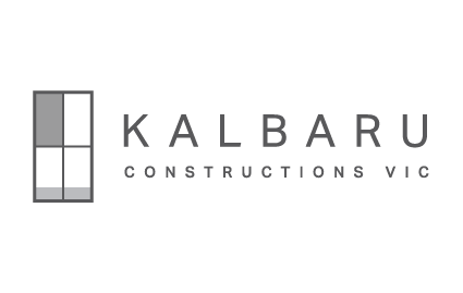 Kalbaru Constructions VIC logo with a stylized gray and black abstract building icon and black text on a white background.