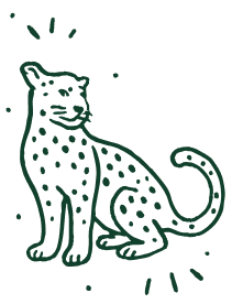 Line drawing of a sitting cheetah with spots, facing left, with a happy expression and small rays around it.