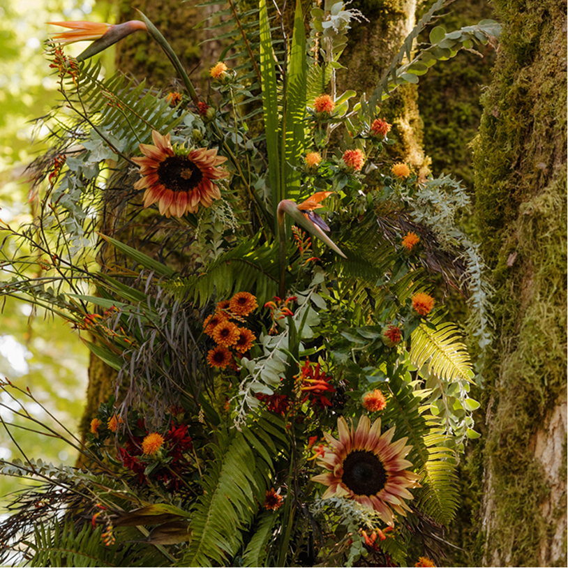 A lush floral arrangement of sunflowers, orange and yellow daisies, and various green ferns attached to a tree trunk in a forest setting.