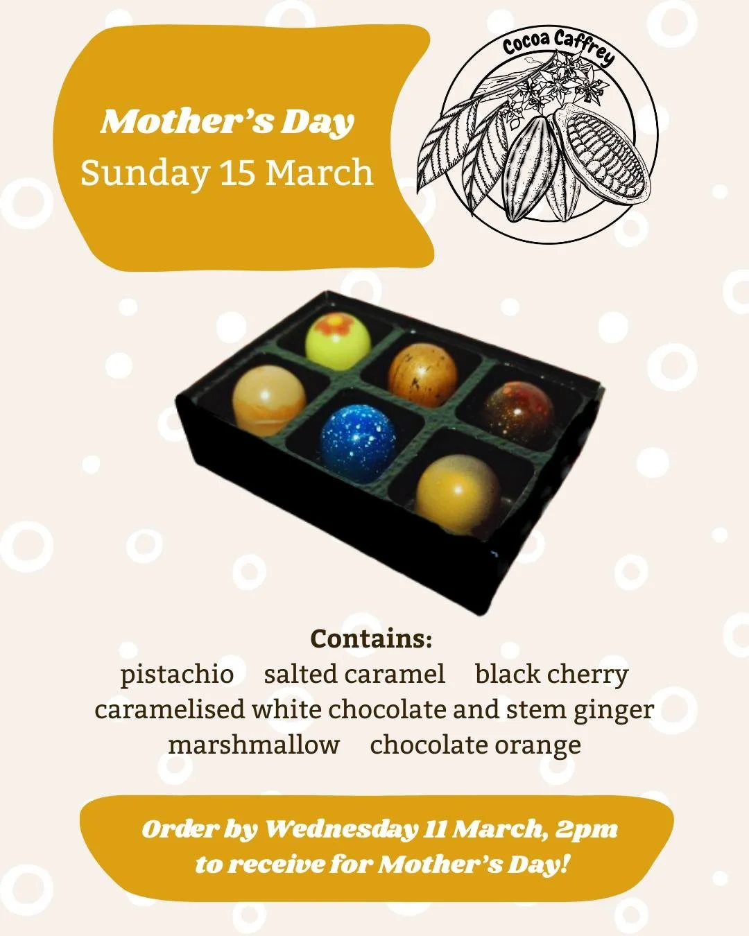 Not sorted out your Mother's Day gift yet? No need to panic! You can still order a box of beautiful handcrafted chocolates for the mum in your life at Cocoa Caffrey!

Order by 2pm, Wednesday 11 March to ensure delivery in time for Mother's Day.

#mot