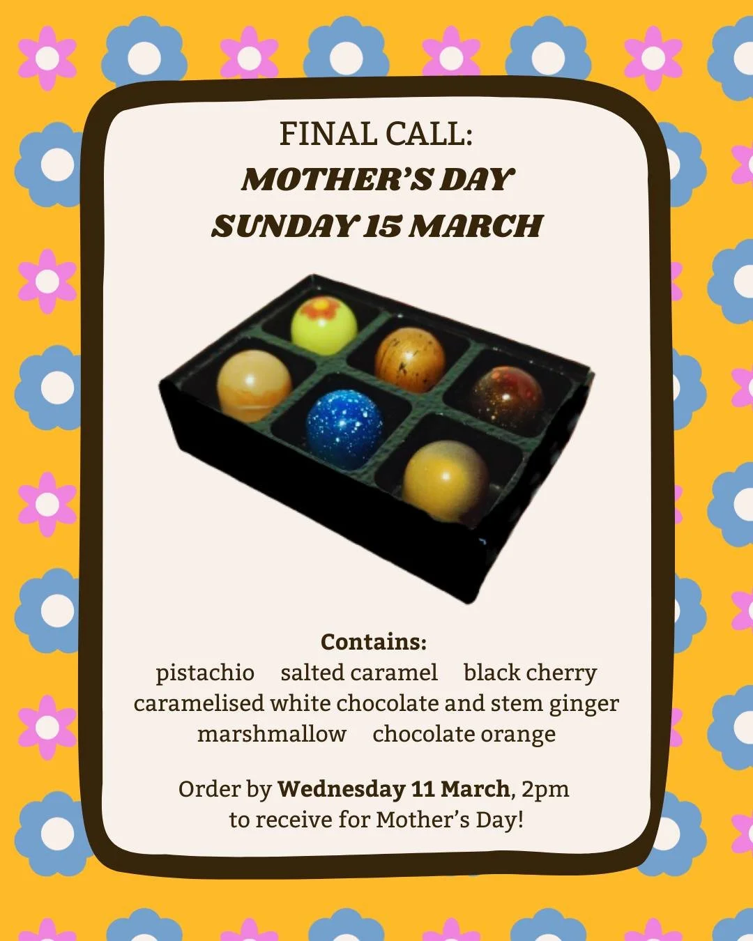 Don't forget this Sunday is Mother's Day! Not sorted out a gift yet? Why not treat her to a delicious box of artisan chocolates! Order by 2pm, Wednesday 11 March to receive in time for Mother's Day.

Available at www.cocoacaffrey.co.uk

#mothersday #