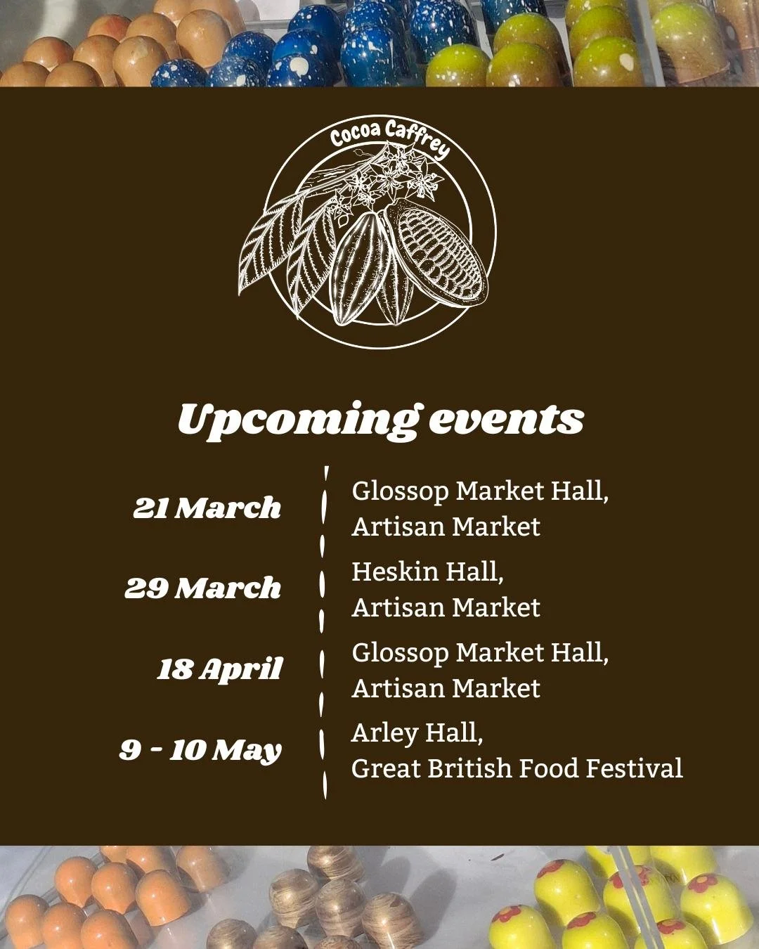 I've got an exciting line up of events for the next few weeks! If you're in the North West and fancy picking up a chocolate-y treat, why not come pay me a visit?
@independent_street_ @glossopmarkethall @heskinhall @greatbritishfoodfestival

#artisanm
