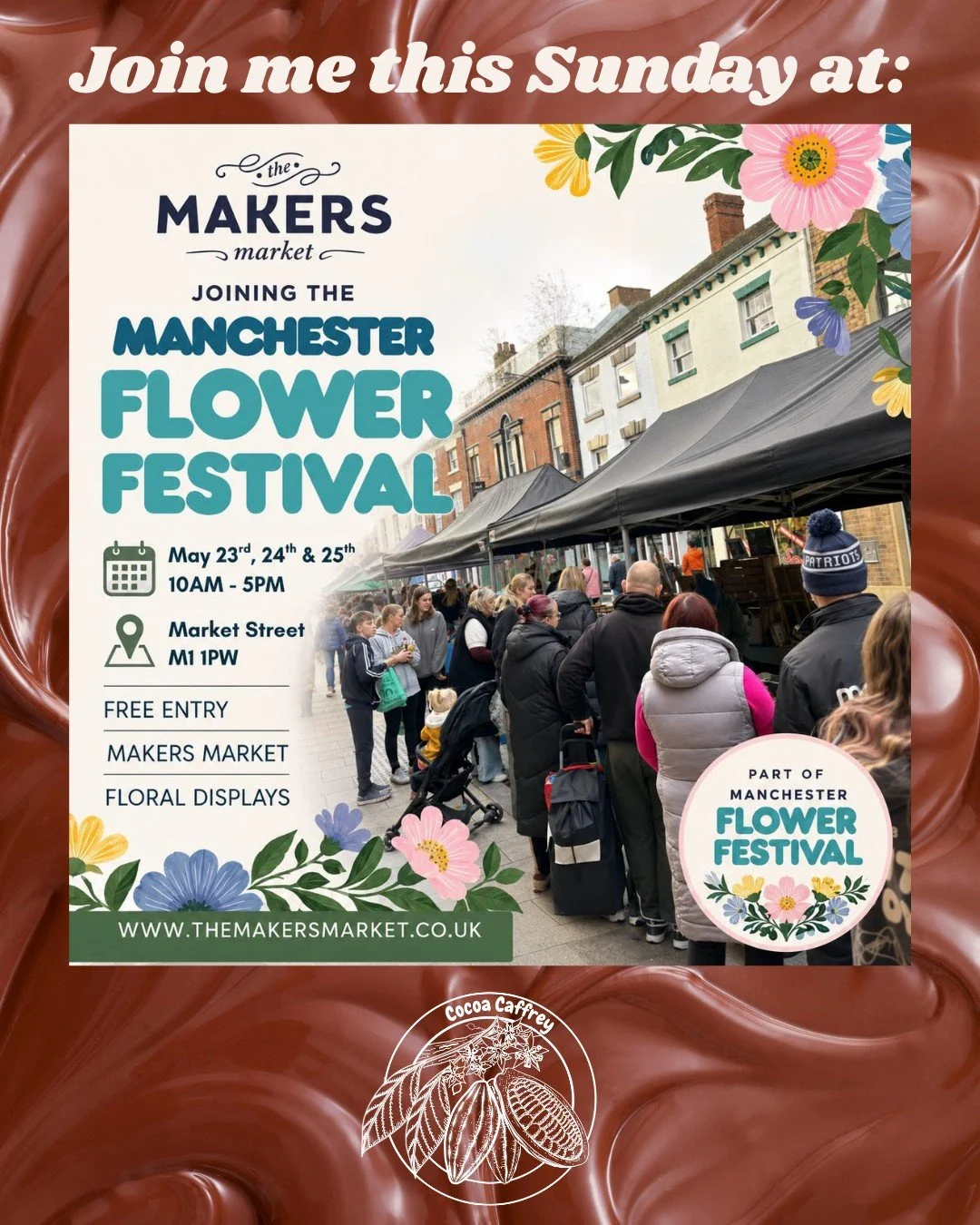 Join me this Sunday 24 May in Manchester City Centre for the Manchester Flower Festival, hosted by @_makersmarket !
Taking place 10am-5pm on Market Street.

Don't want to carry your chocolates around in the heat all day? No problem! We can hold any o