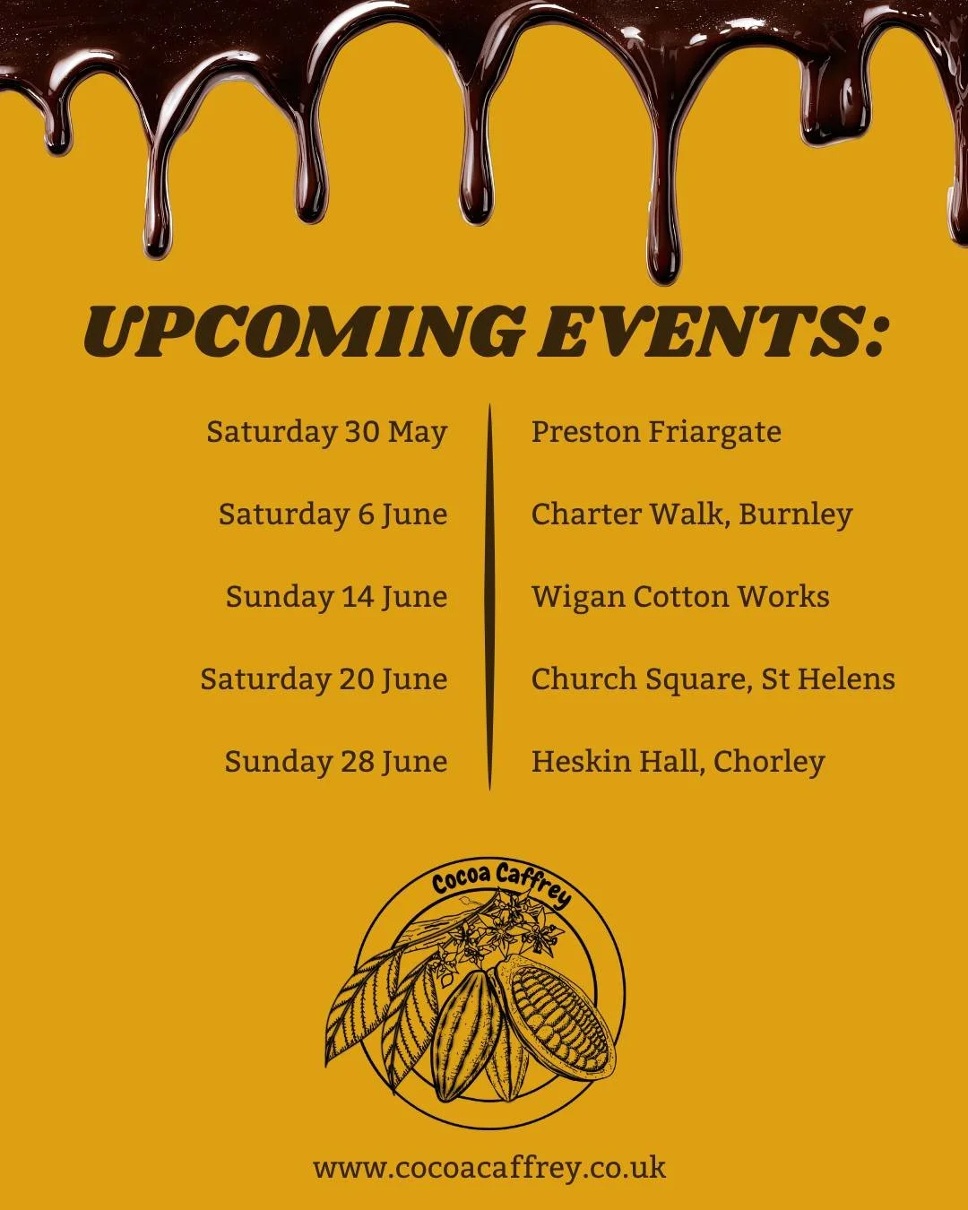The calendar is now fully booked until the end of June! Find me at any of the following places across Lancashire, to get your chocolate fix. You'll be able to find my full summer collection on display, along with the all new dessert bars, as well as 