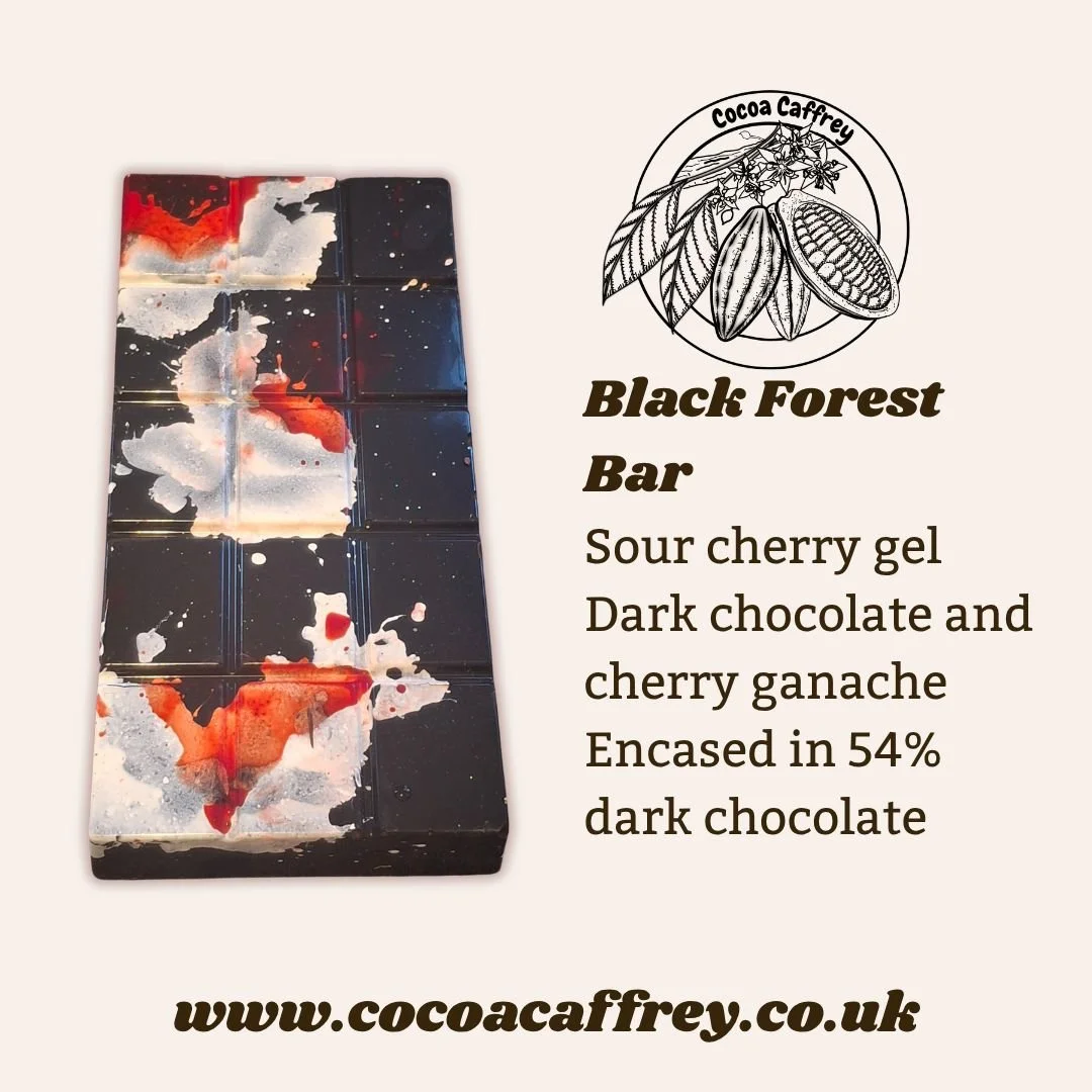 Have you seen the new dessert bar range available at Cocoa Caffrey? We have three flavours currently available, including this gorgeous Black Forest bar! This dark chocolate bar weighs an impressive 250g and consists of a layer of sour cherry gel, fo