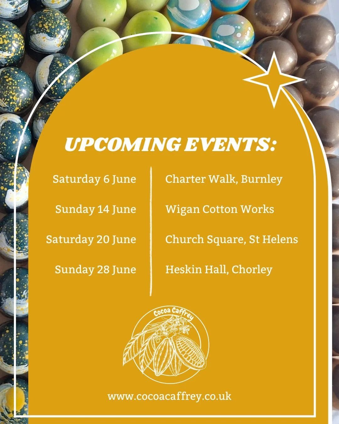 Here's my upcoming events for June! If you live in the North West and need a sweet treat, why not take a day out to your local artisan market?
#artisanmade #artisanmarket #whatsonNW #chocolates #giftideas