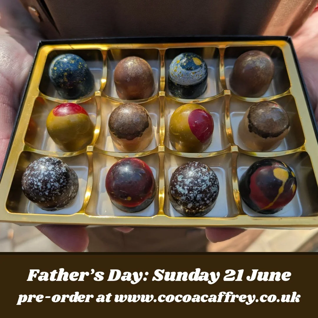 Show your dad how much you appreciate him this Father's Day with a box of lovingly made handcrafted artisan chocolates! Each box includes the following six flavours:
Cafe au lait
Banana milkshake
PB + J
Chipotle chilli
Whiskey caramel
70% dark chocol