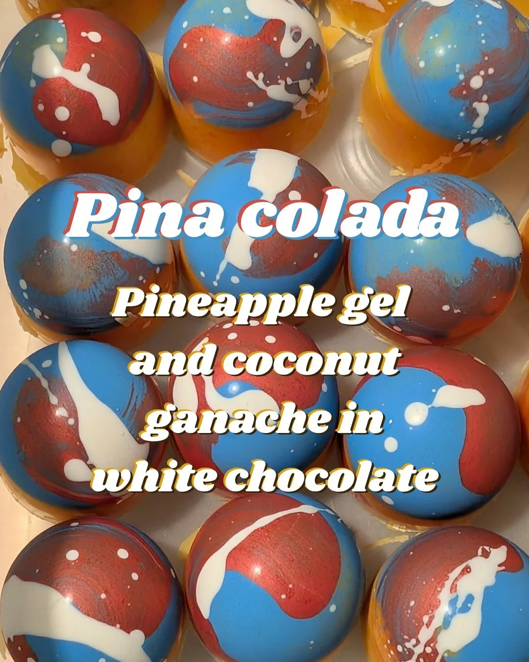 Have you seen our new summer menu? 😎 
Check out the GORGEOUS pina colada chocolate. These little sweet treats are a flavour bomb of sunshine, with a fruity pineapple gel and rich, creamy coconut ganache, all encased in a white chocolate shell.

This