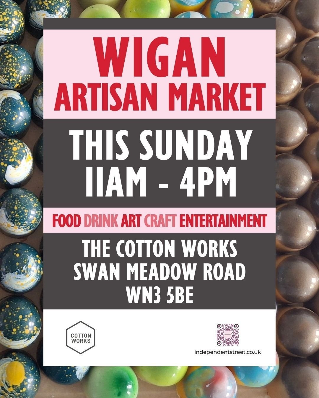 Cocoa Caffrey will be making their Wigan debut this Sunday! We'll be at the Cotton Works from 11am-4pm with @independent_street_ , offering 12 flavours of bonbons and 3 different dessert bars. It's the perfect opportunity to pick up a gift for Father