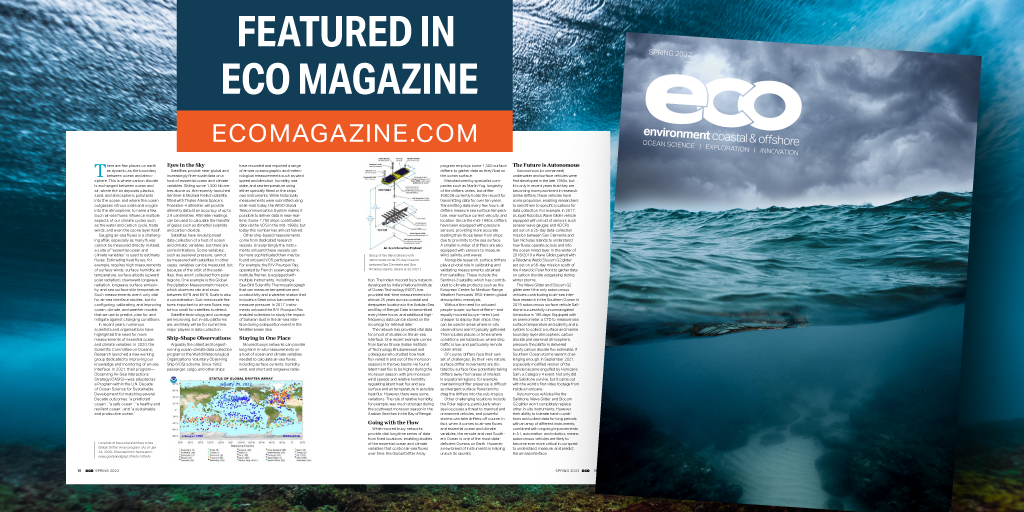 Front cover and image of a story on the air-sea interface written for ECO, with a wave background
