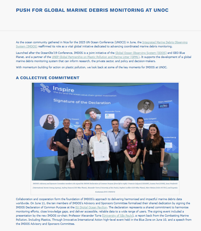 screenshot of part of an article titled "push for global marine debris monitoring at UNOC"