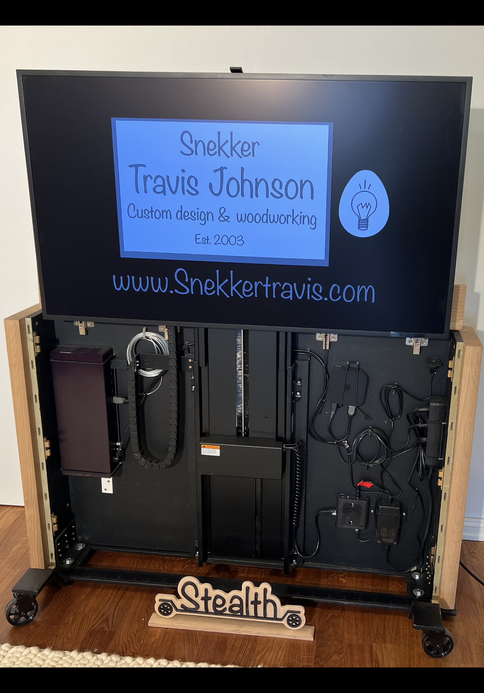 Stealth by Snekker Travis, Snekker Travis collection, portable T.V. cabinet, T.V. lift