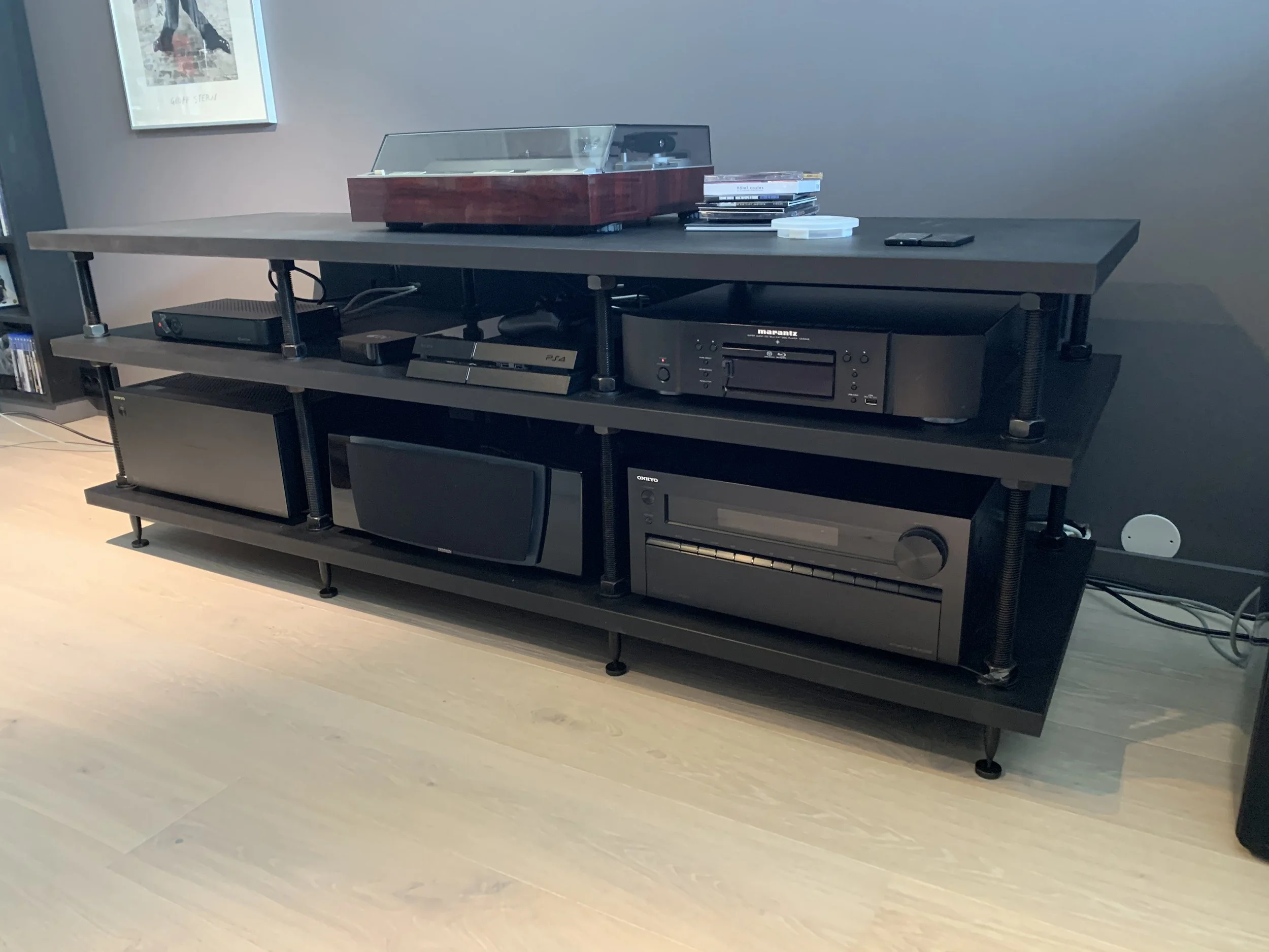 Stereo cabinet, custom audio cabinet, stereo rack, spiked feet cabinet, made by Snekker Travis Johnson