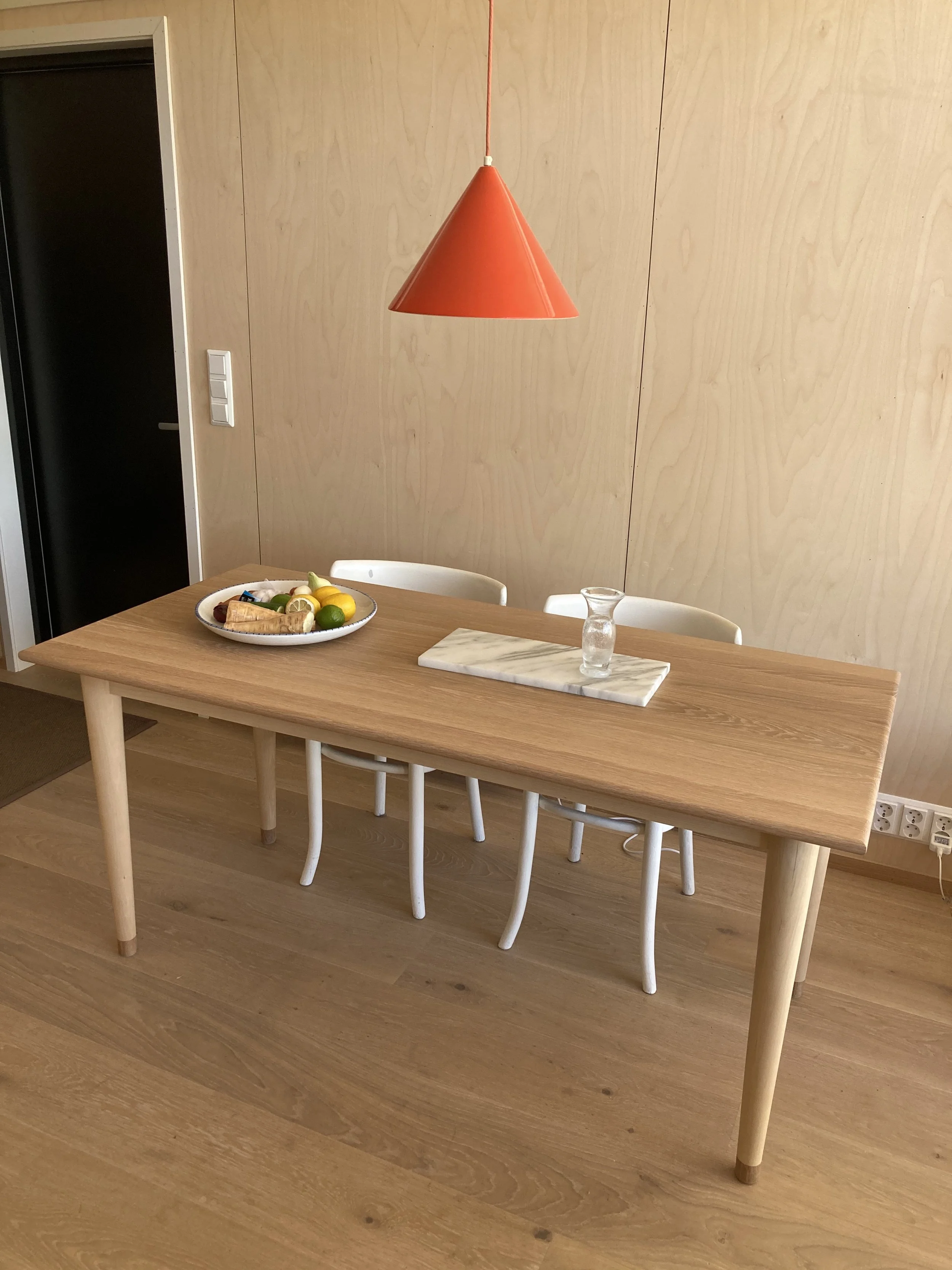 Oak and birch table, oak top, birch legs, conical legs, tapered legs, made by Snekker Travis Johnson