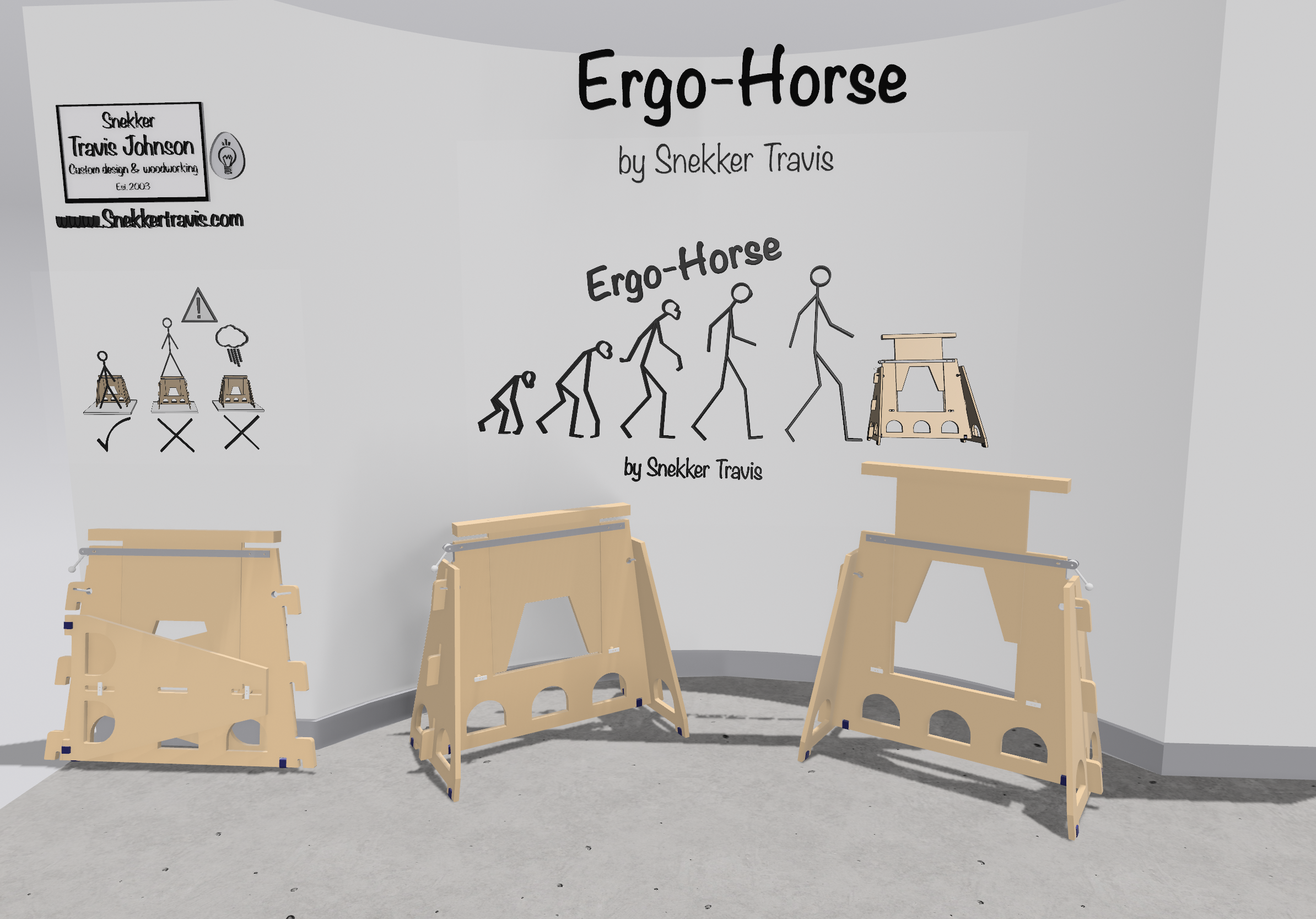 Ergo-horse by Snekker Travis, saw horse, arbeids bukte, work station, M.F.T. hole system