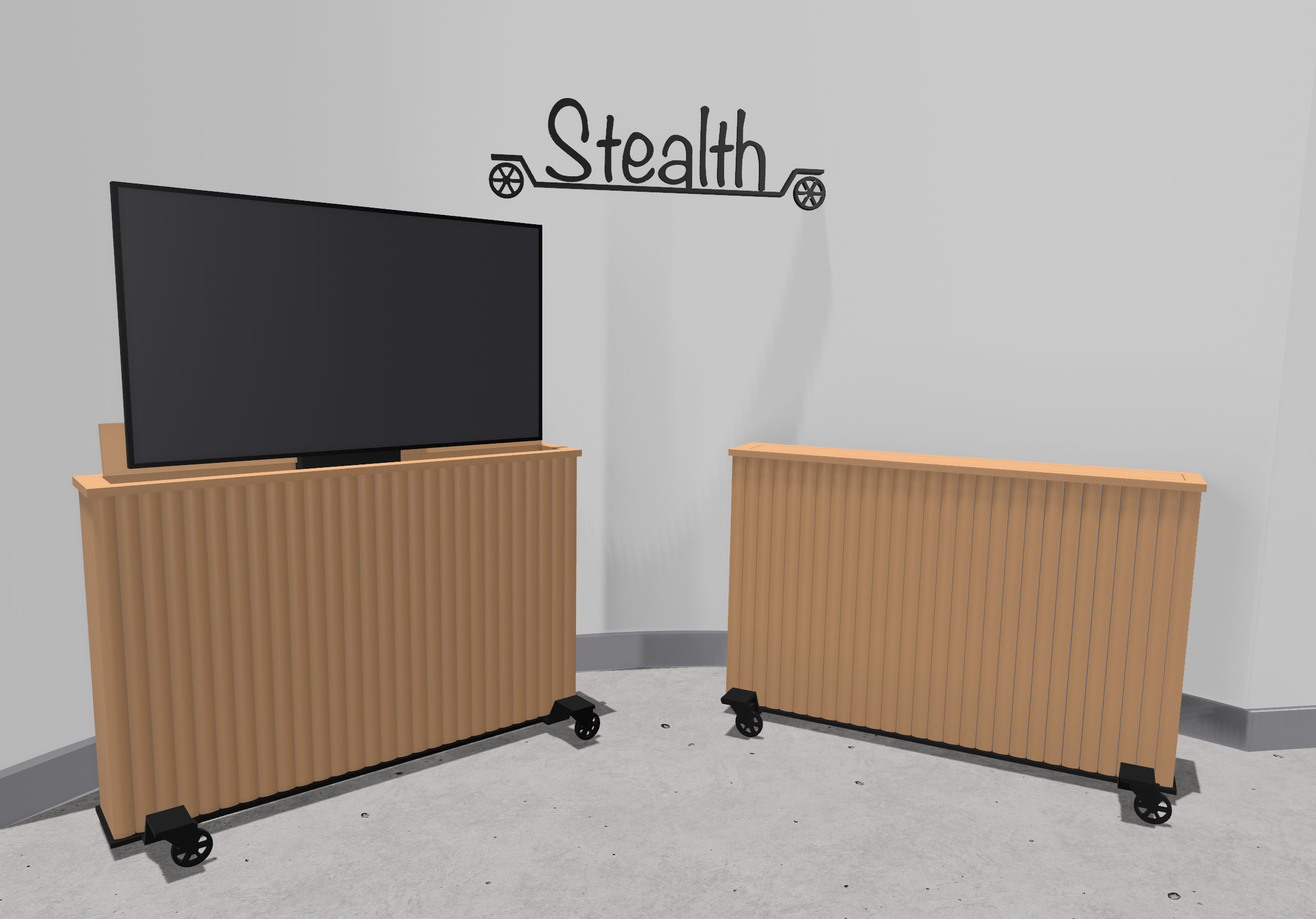 Stealth by Snekker Travis, Snekker Travis collection, portable T.V. cabinet, T.V. lift