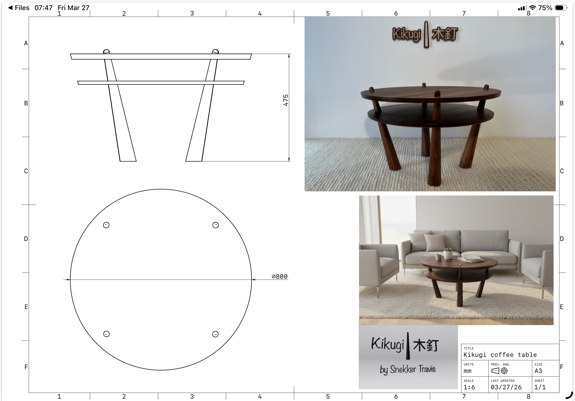 Kikugi by Snekker Travis, Japanese wooden nail, coffee table, Snekker Travis Collection, walnut