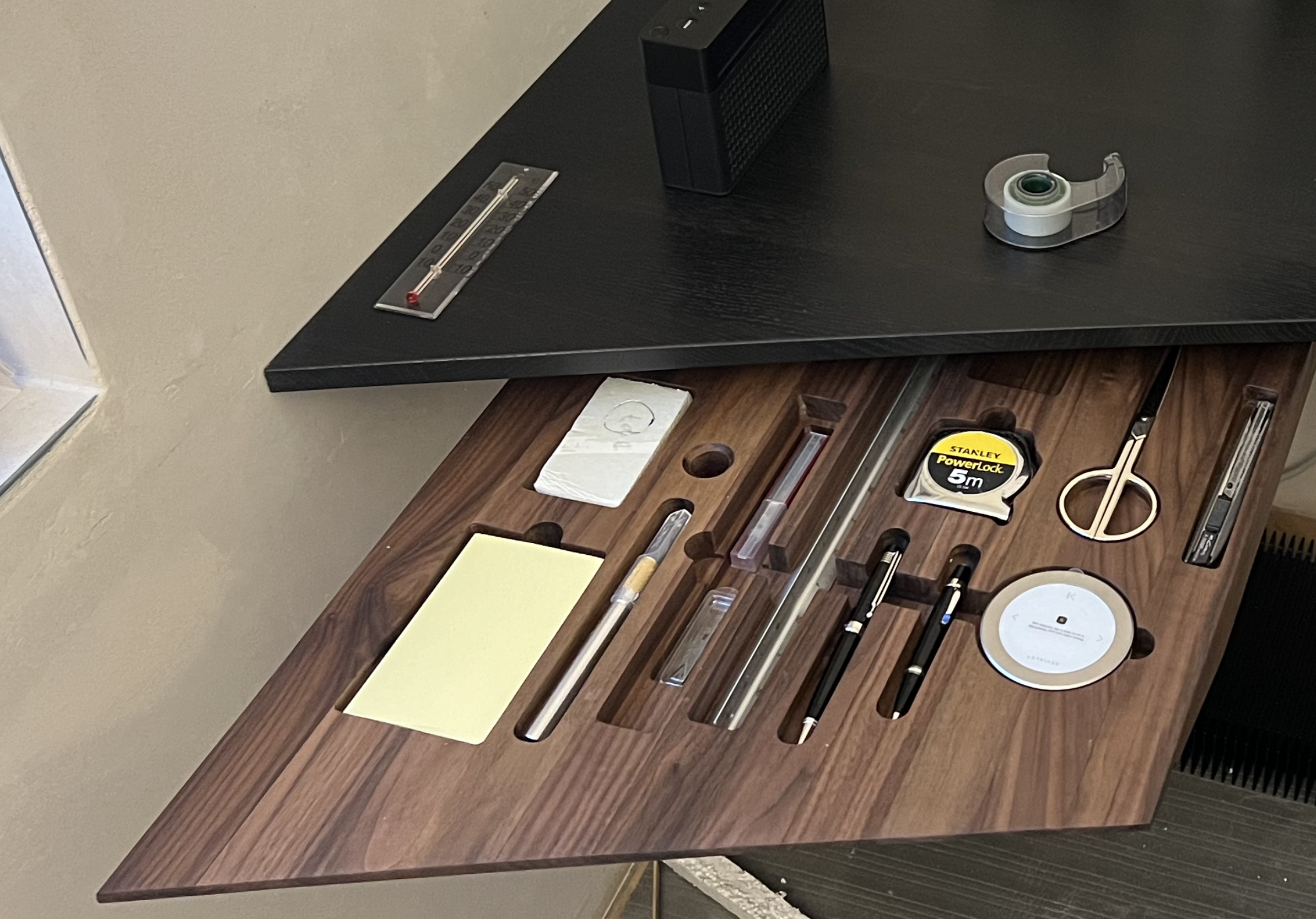 Ebonized oak desk top, custom work station, home office, walnut drawer, organised drawer,made by Snekker Travis Johnson