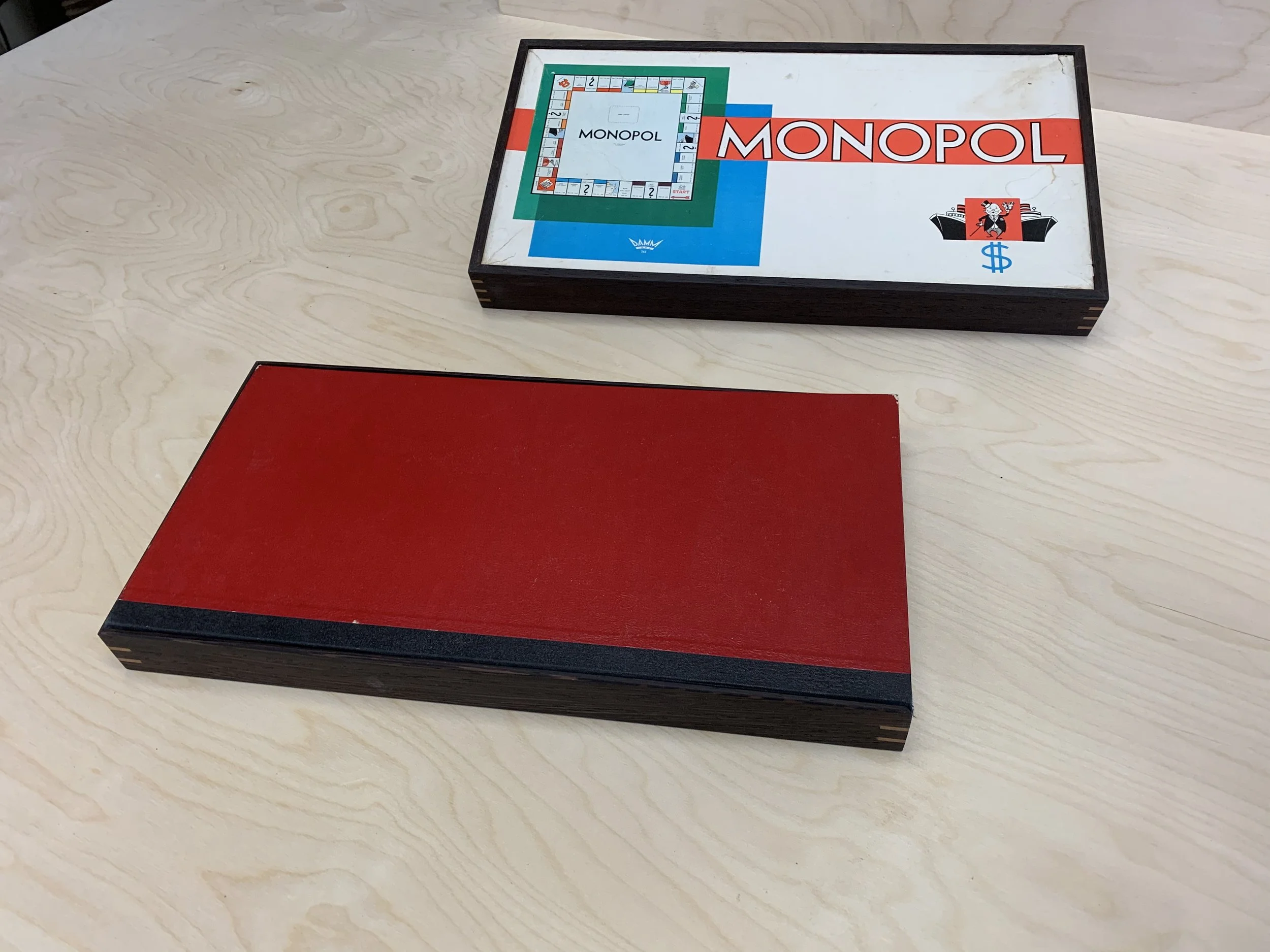 Custom monopoly box, wooden cover, game box, game case, kustom monopol kasse, made by Snekker Travis Johnson