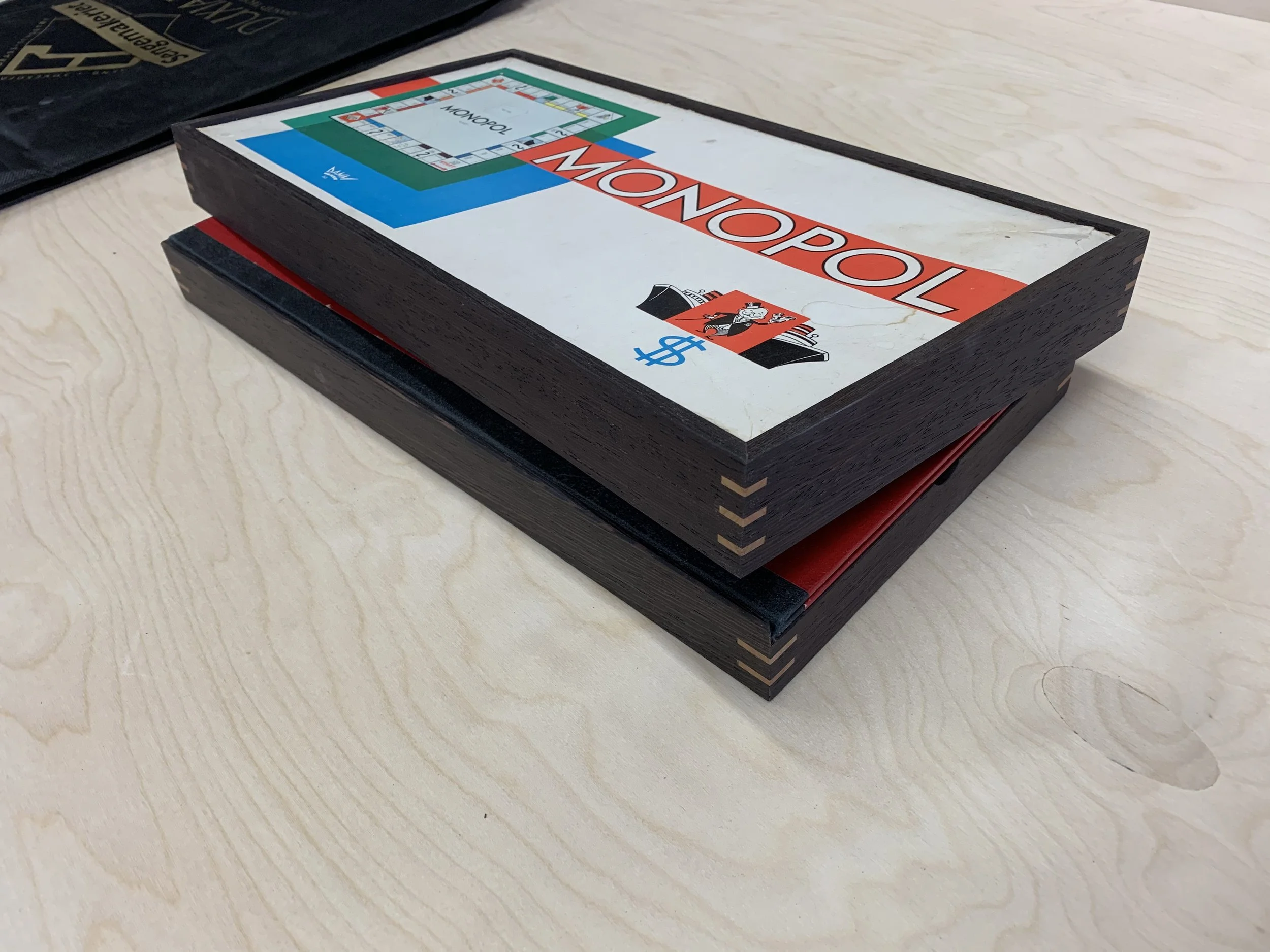 Custom monopoly box, wooden cover, game box, game case, kustom monopol kasse, made by Snekker Travis Johnson
