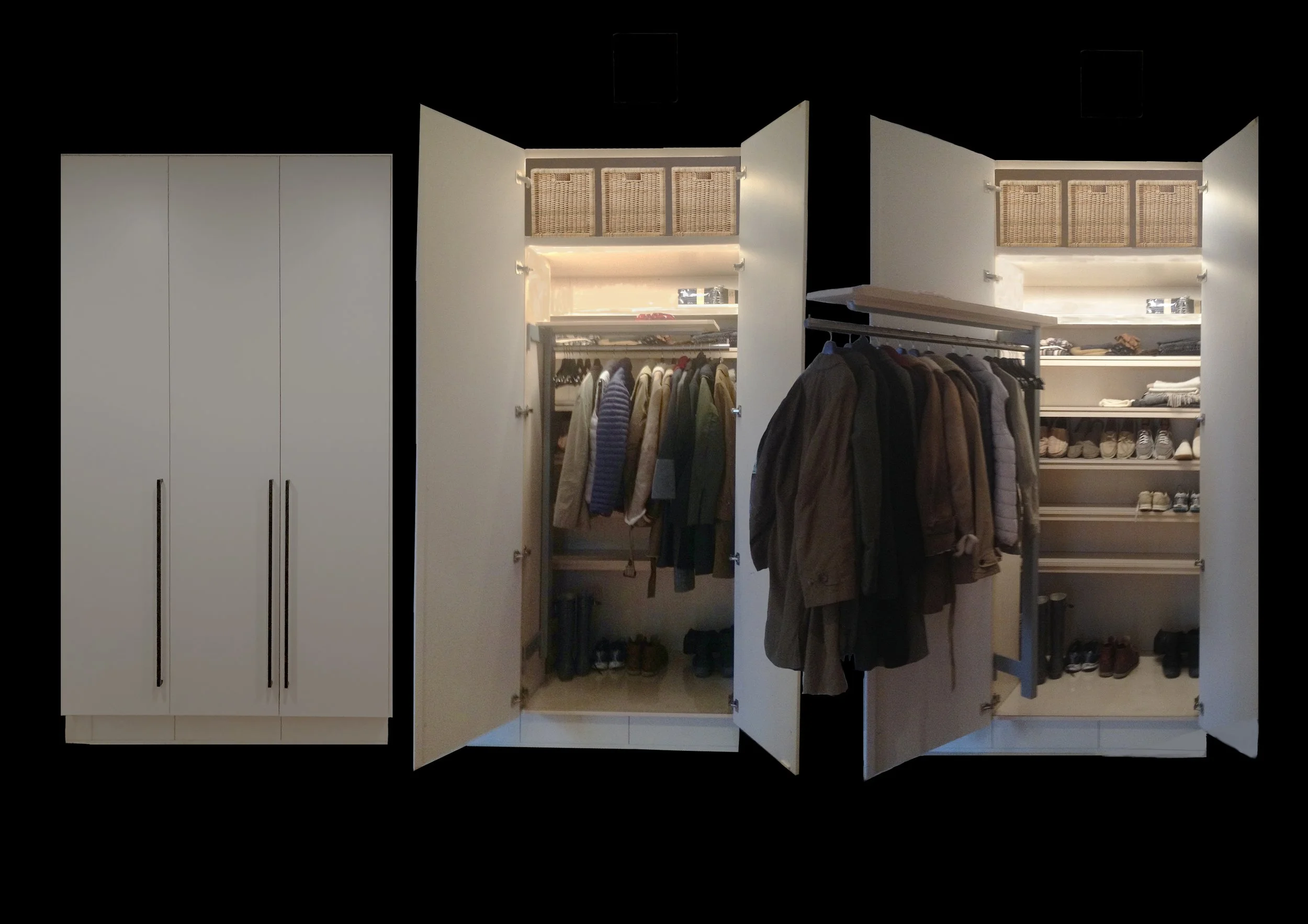 Garderobe, walk-in closet, special closet hardware, closets with swing, made by Snekker Travis Johnson
