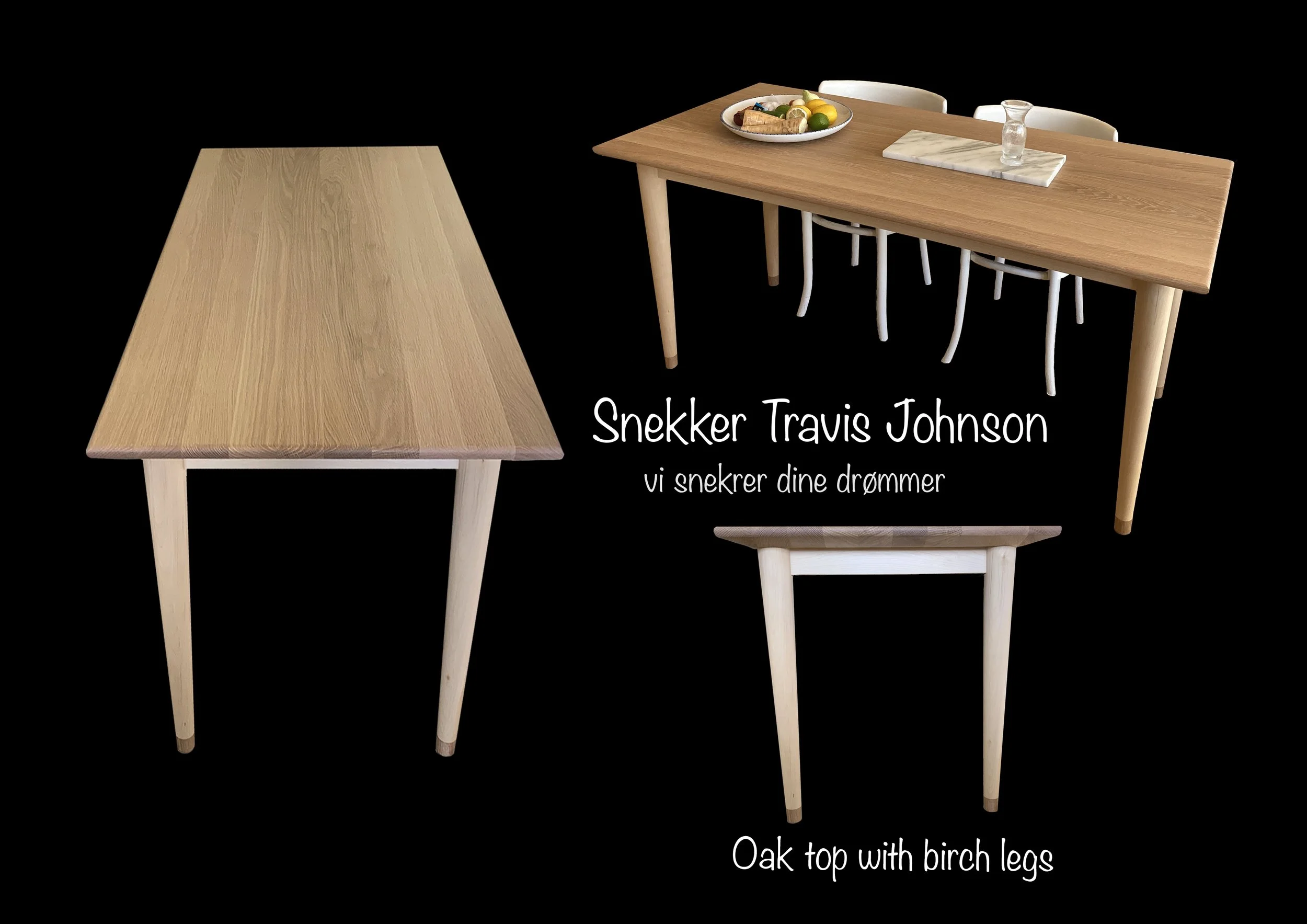 Oak and birch table, oak top, birch legs, conical legs, tapered legs, made by Snekker Travis Johnson