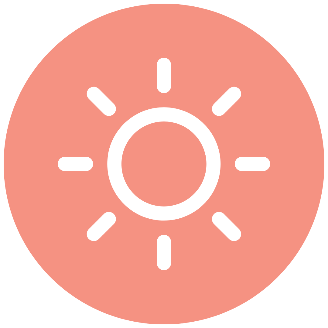 Icon of a sun with rays, in white on a pink circular background.