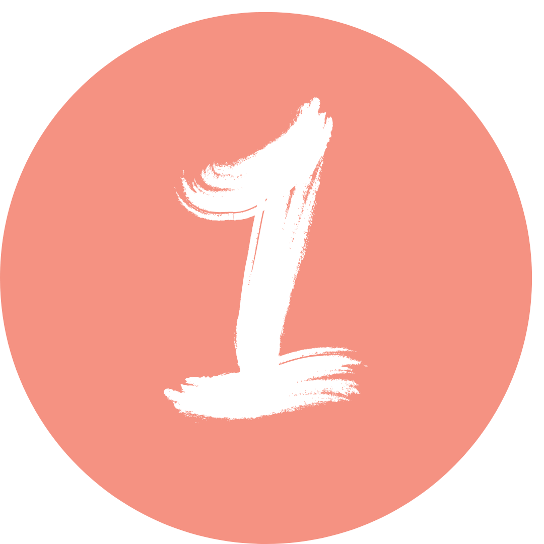 White brushstroke number one on a pink circular background.