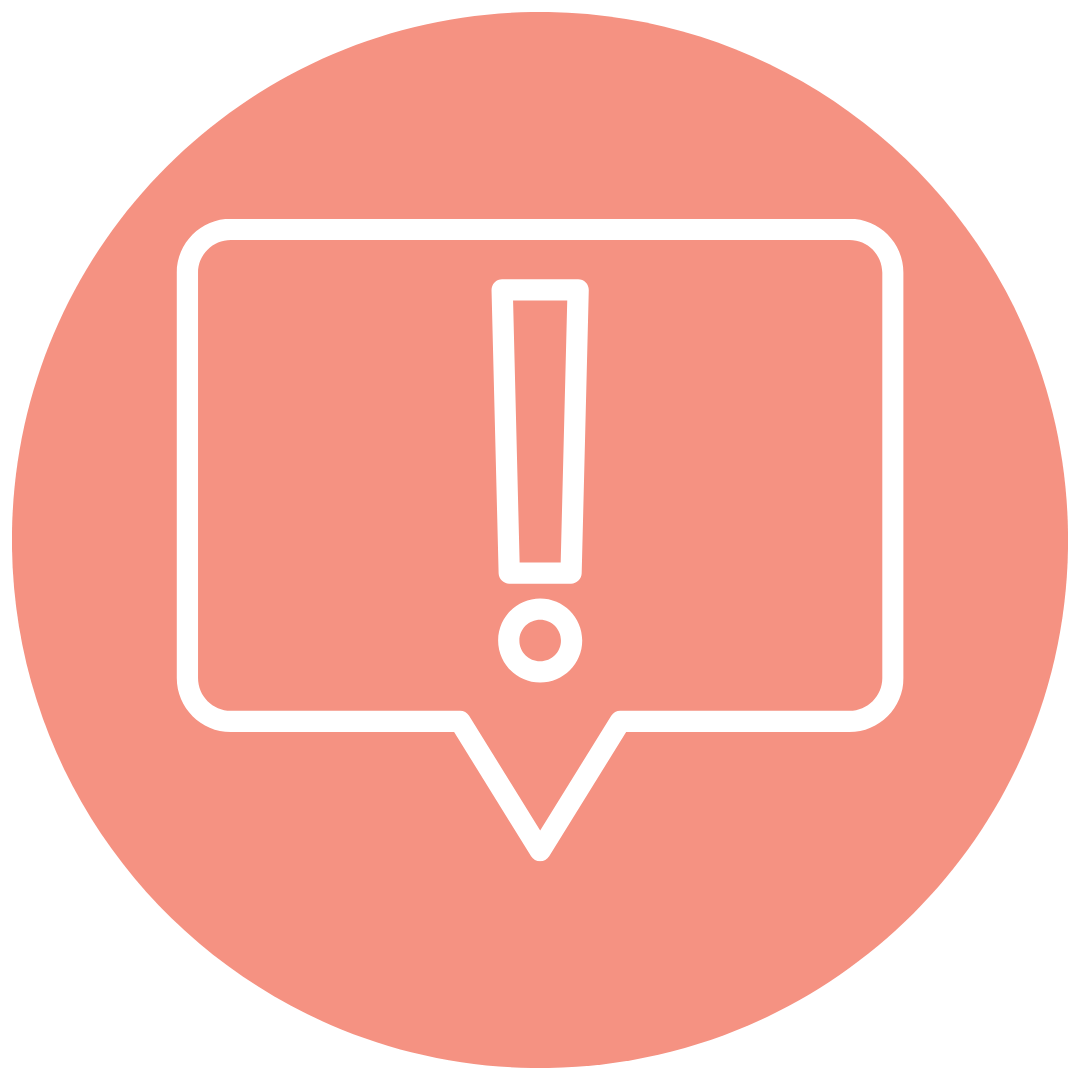 Warning icon with exclamation mark inside a speech bubble on a pink circular background