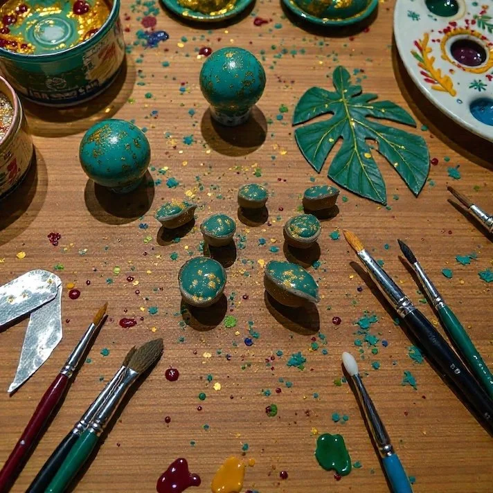 Art supplies and painted decorative objects on a wooden surface, including brushes, paint, a large green patterned leaf, and blue and gold painted eggs or stones.