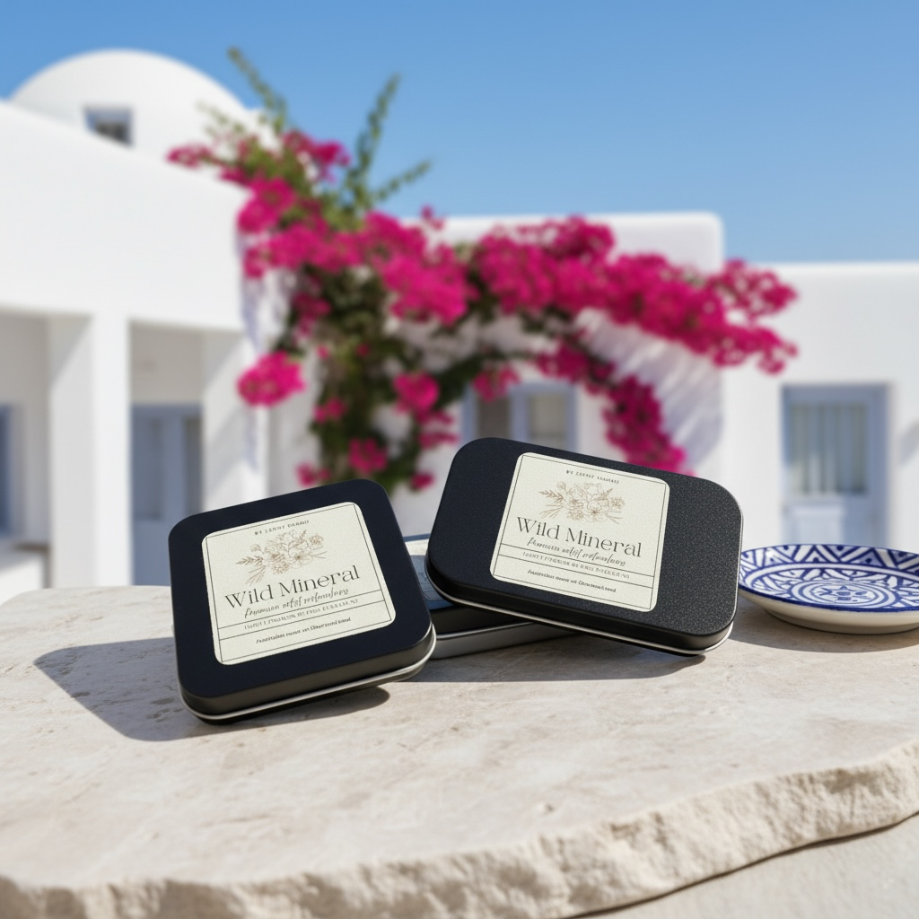 Three black tins labeled 'Wild Mineral' placed on a light-colored stone surface with pink bougainvillea flowers and white building in the background.