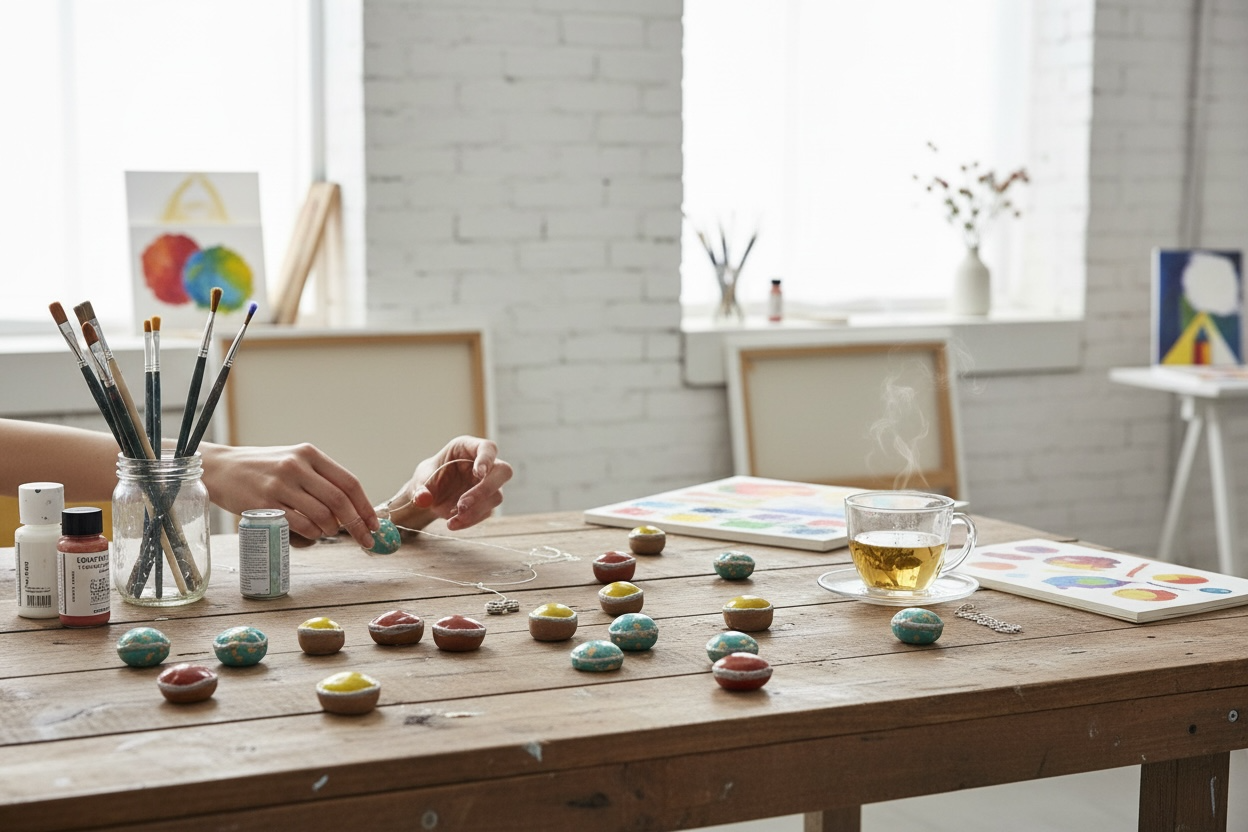 Person decorating colorful stones on a wooden table with art supplies and a cup of tea in a bright, artsy room.