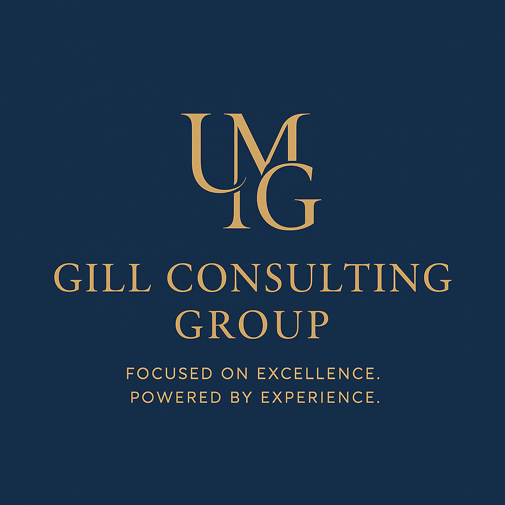 Logo for Gill Consulting Group with the initials UMG and the tagline 'Focused on excellence. Powered by experience.' on a dark blue background.