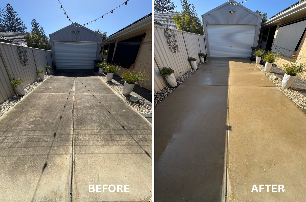 Before and after of concrete driveway pressure cleaned in Largs Bay, Adelaide