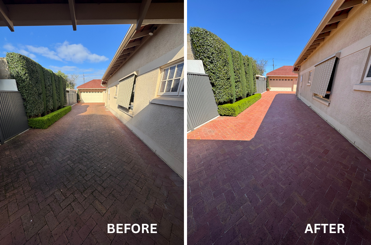 Before and after of brick driveway pressure cleaned and resanded in Woodville, Adelaide